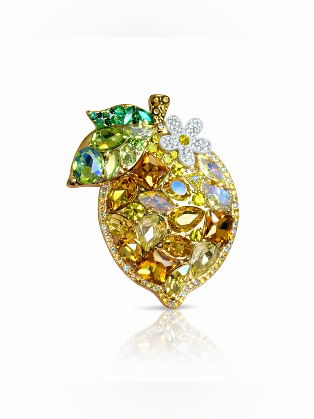Gold-Tone Lemon Crystal Brooch with Green Leaf and White Flower
